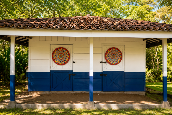 Small building with two doors, colorful circular patterns, blue and white walls, and tile roof.
