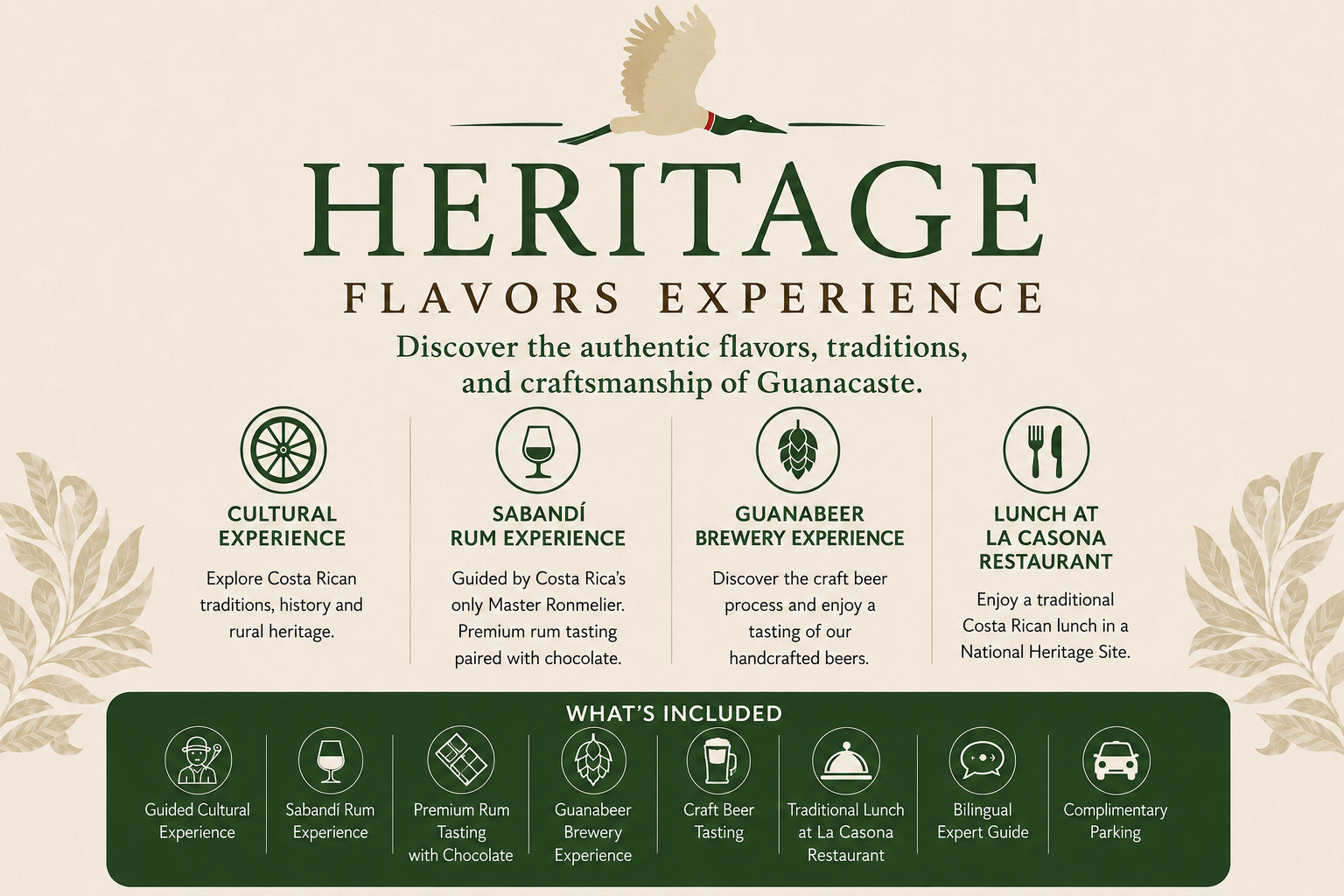 Flyer detailing the Heritage Flavors Experience with cultural, rum, and brewery tours, and restaurant lunch.