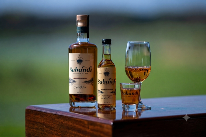 Two bottles and a glass of Sabandí rum on a wooden table.