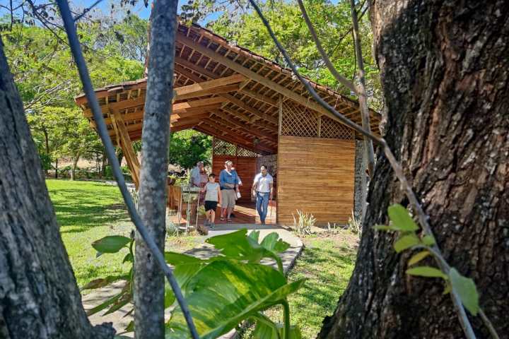 People walking from a wooden pavilion surrounded by trees on a sunny day.