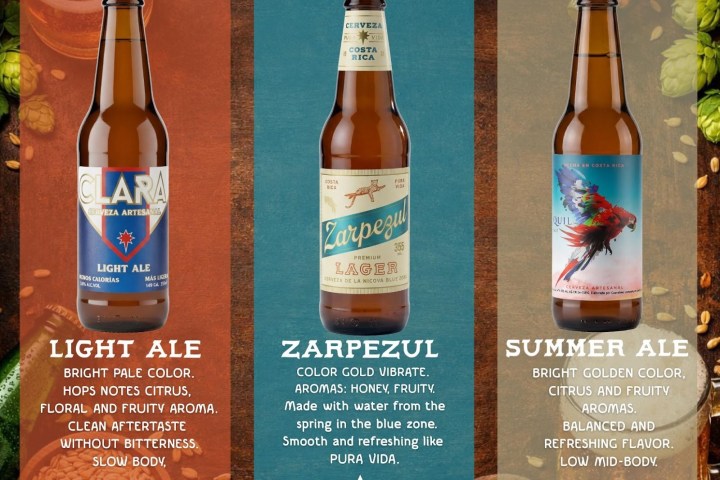 Three beer bottles: Light Ale, Zarpezul Lager, and Summer Ale, each with descriptive text and design.