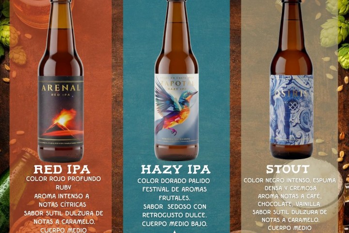 Three beer bottles with descriptive text on a wooden background.