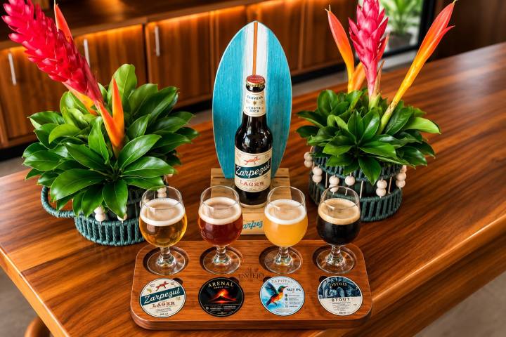 Beer flight with five glasses on a wooden board, surrounded by tropical flowers.