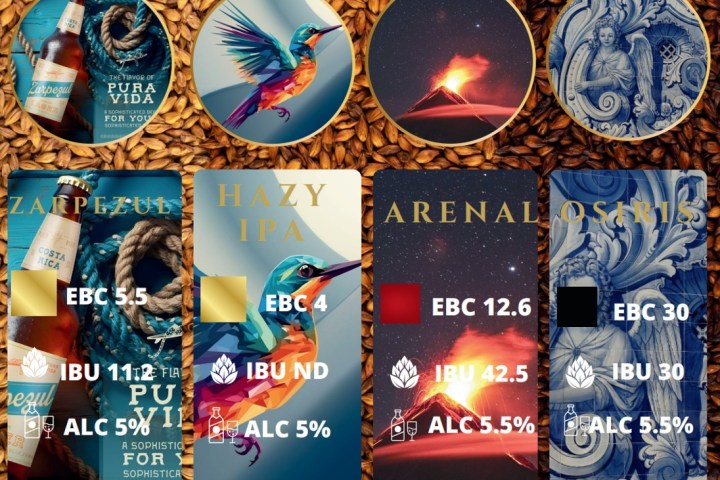 Beer menu with different styles, EBC, IBU, and alcohol content percentages on a background of grains.