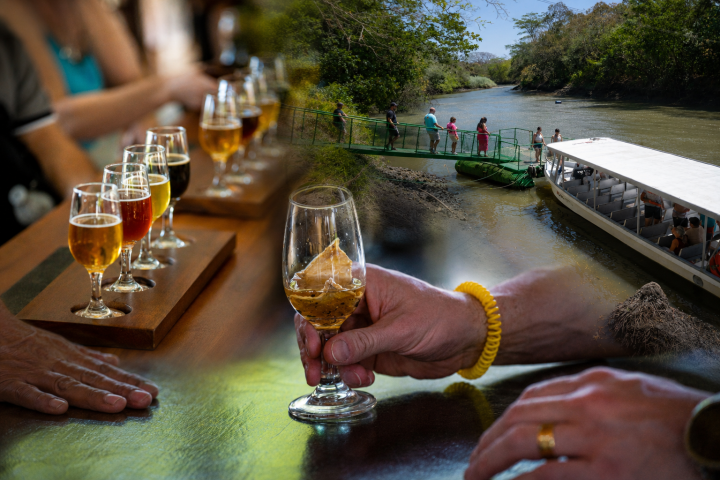 Beer tasting and riverboat tour in a scenic landscape.