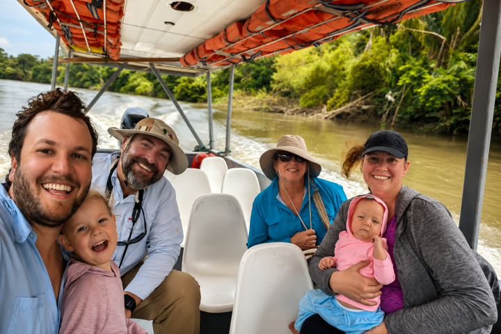 Smiling group on a boat with two children near a river.