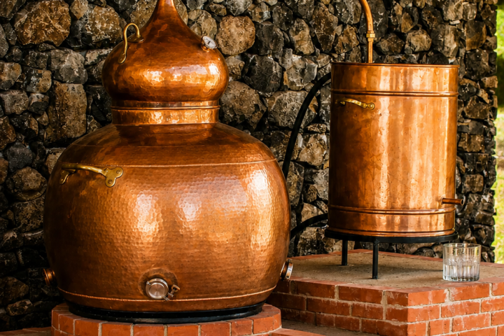 Copper distillery equipment on brick platform with stone wall.