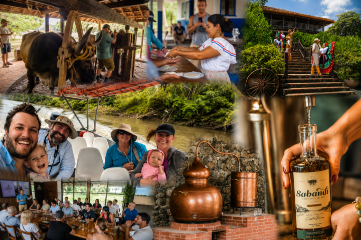 Collage: farm activities, distillery, people dining, and sightseeing.