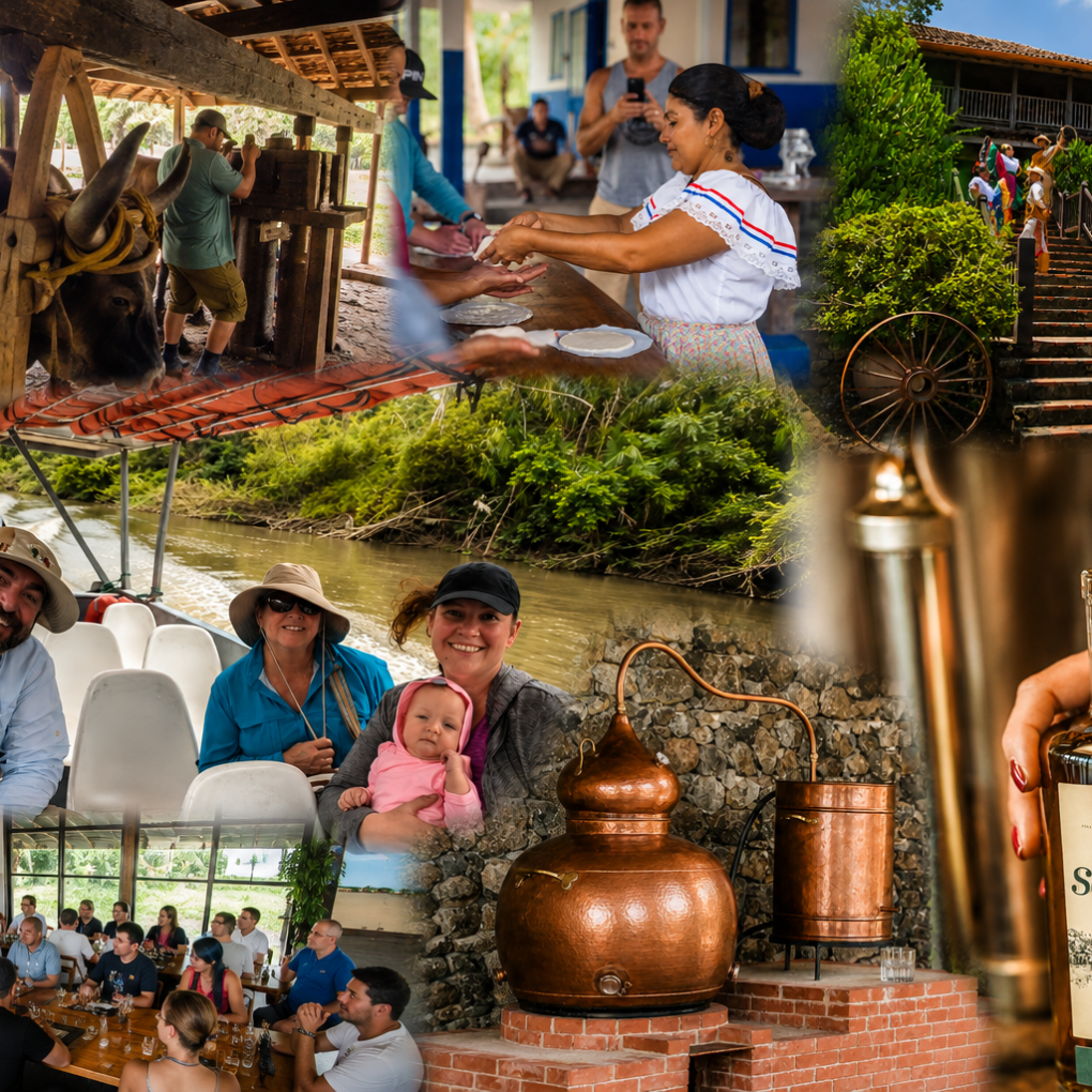 Collage: farm activities, distillery, people dining, and sightseeing.