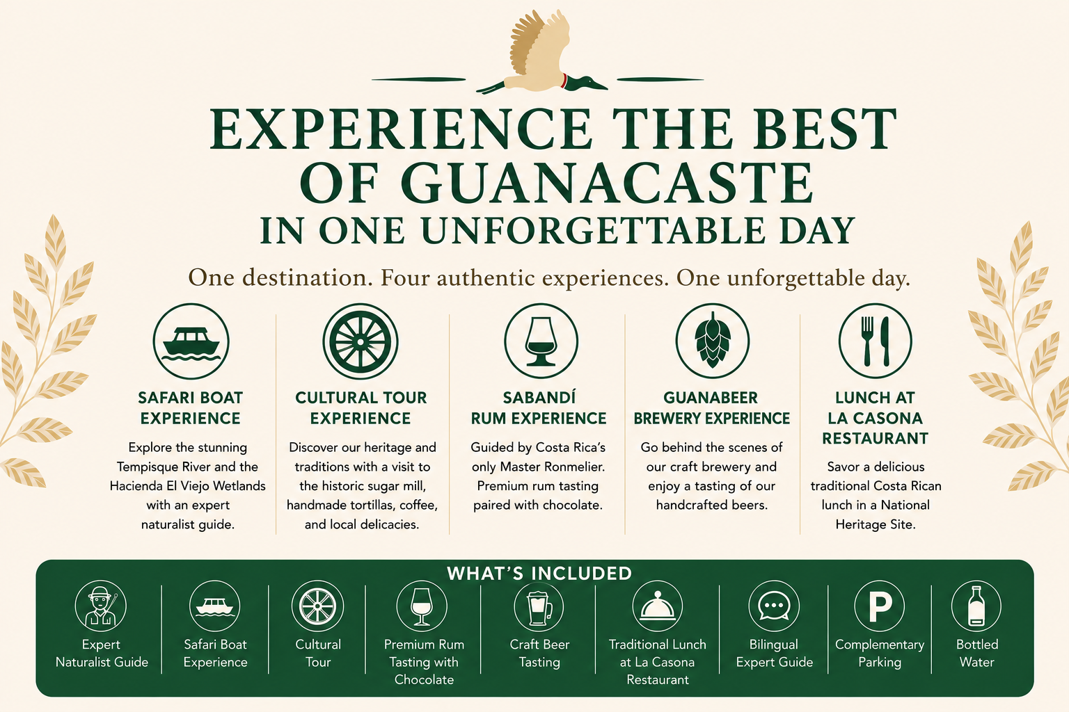 Infographic about Guanacaste experiences and activities offered in one day.