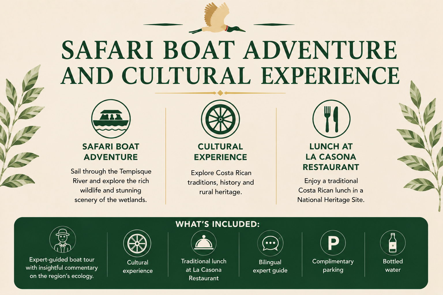 Safari tour ad: Boat adventure, cultural experience, lunch at a heritage site, included items listed.