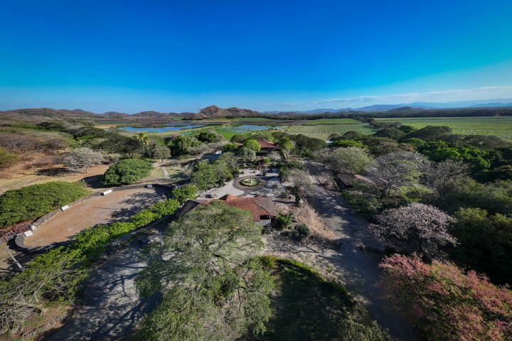 Aerial view of a landscape with trees, a lake, and distant hills under a clear blue sky.