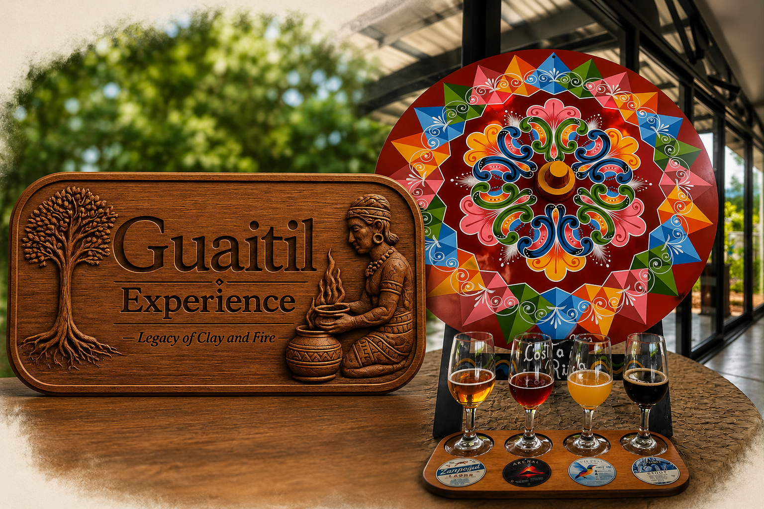 Decorative wooden plaque and colorful wheel beside a flight of craft beers indoors.