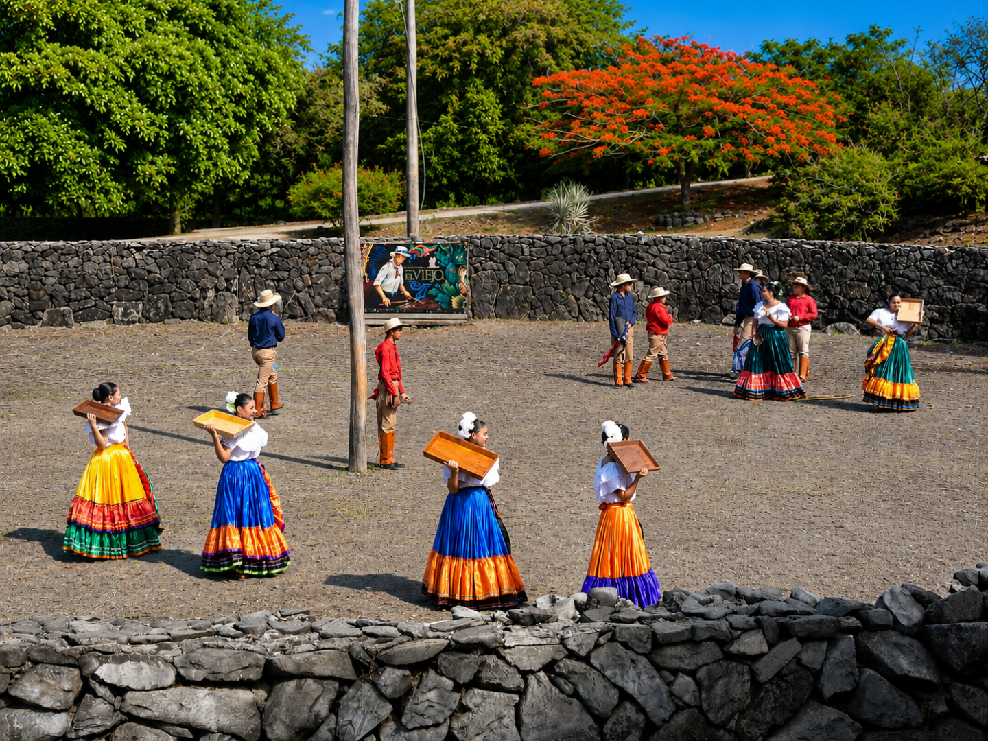 People in colorful traditional attire performing outdoors in a stone arena.