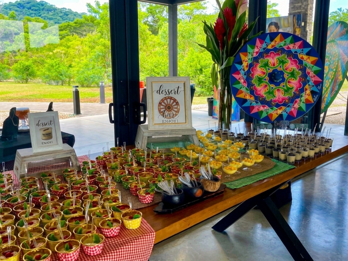 Buffet table with desserts by a window overlooking greenery.