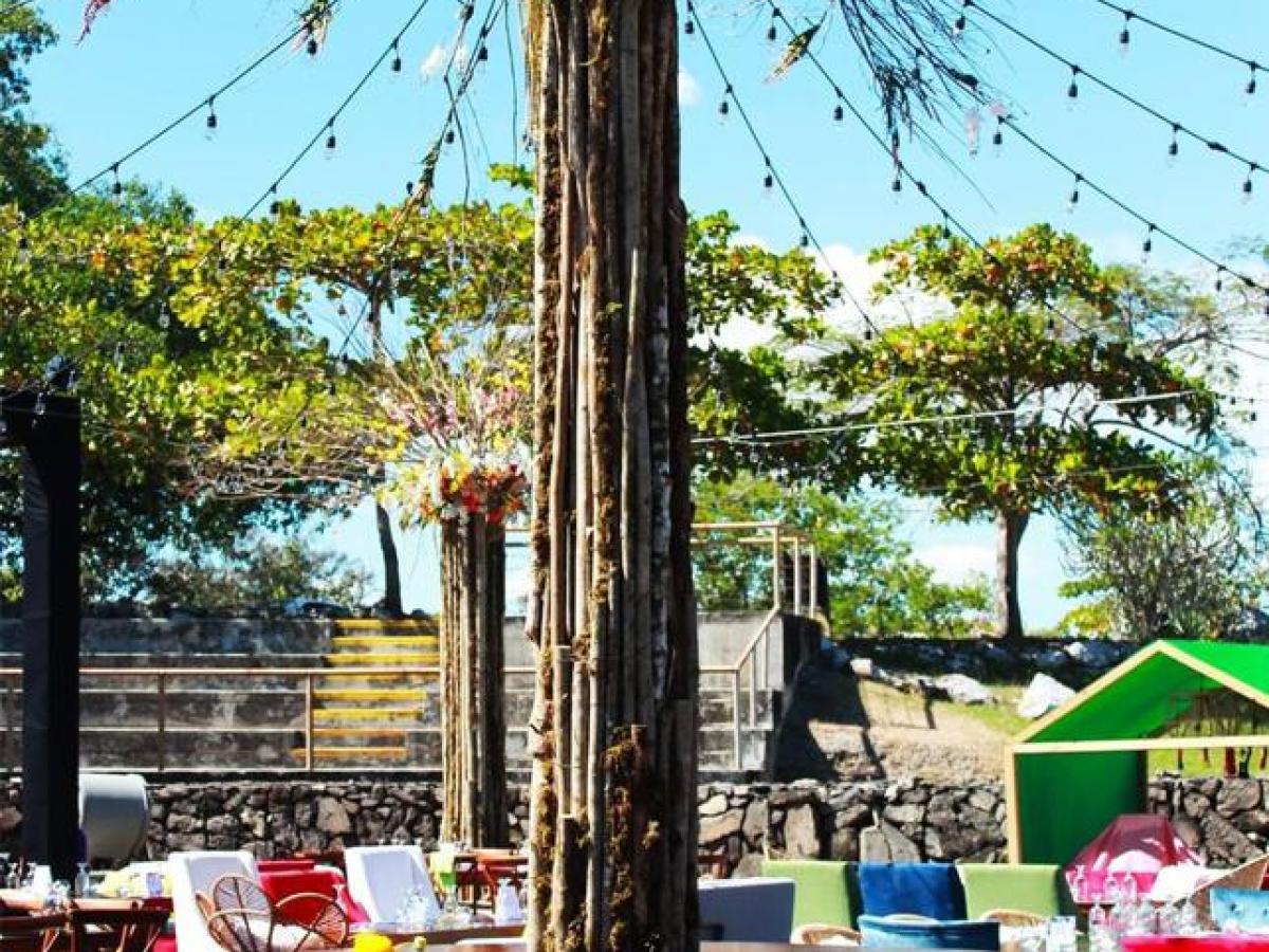 Outdoor dining area with wooden tables and colorful decor under a tree with hanging lights.